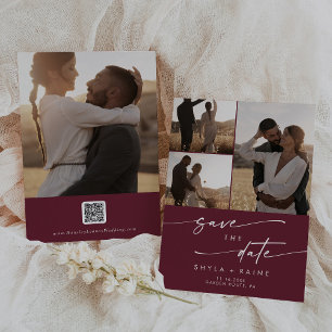 Save The Date Boho Chic Bourgogne Rouge Multi Photo QR Code