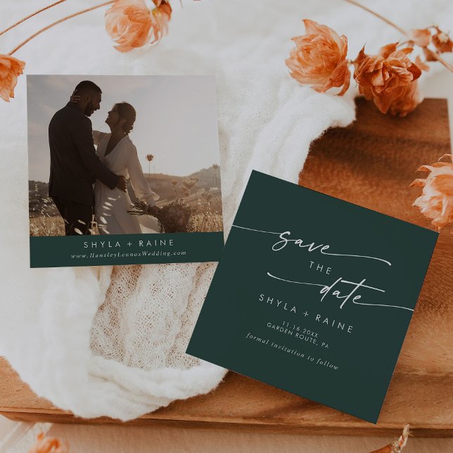 Save The Date Boho Chic Emerald Green Carré Photo Retour (Créateur téléchargé)