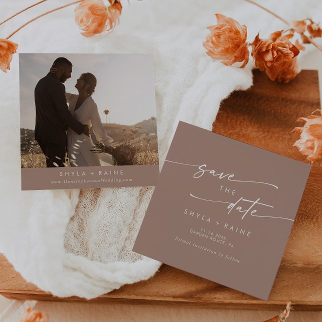 Save The Date Boho Chic Neutral Taupe Carré Photo Retour (Créateur téléchargé)