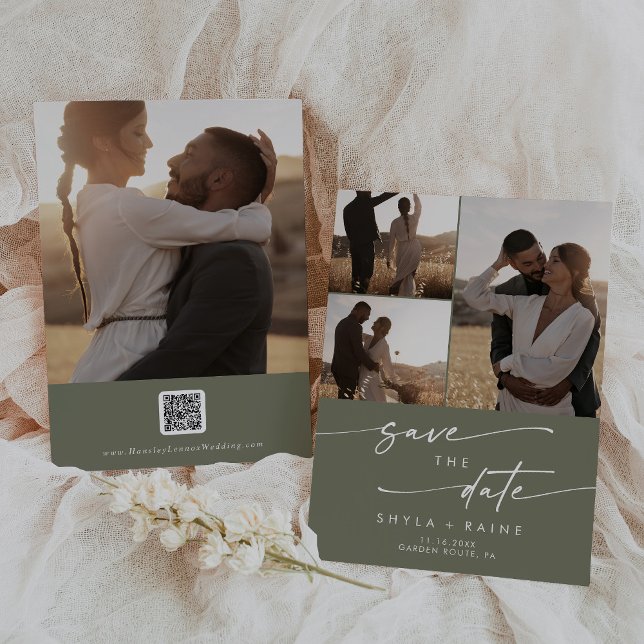 Save The Date Boho Chic Olive Vert Multi Photo QR Code (Créateur téléchargé)