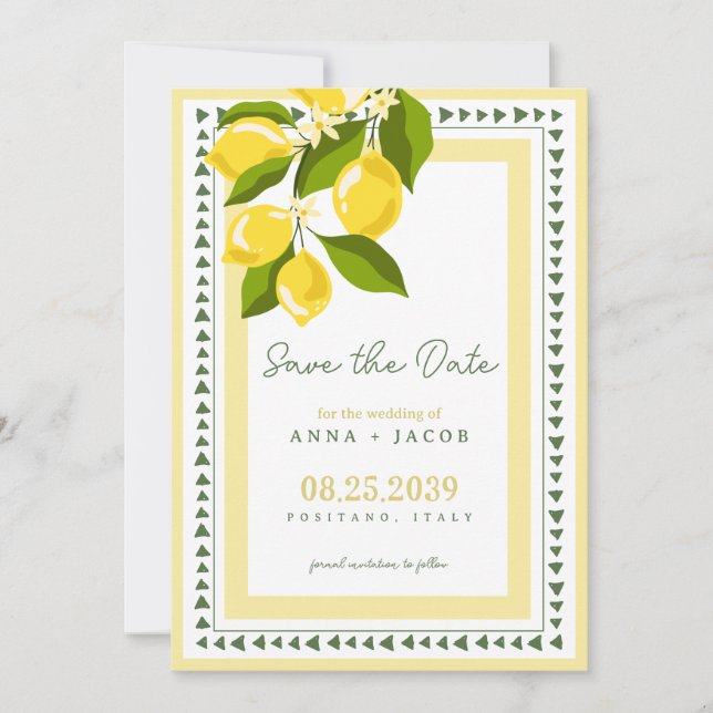 Save The Date Boho Citrus Yellow Lemon Italian Wedding (Devant)
