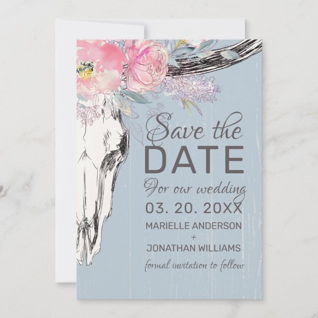Save The Date Boho crâne de vache rustique Floral Aquarelle rose (Devant)