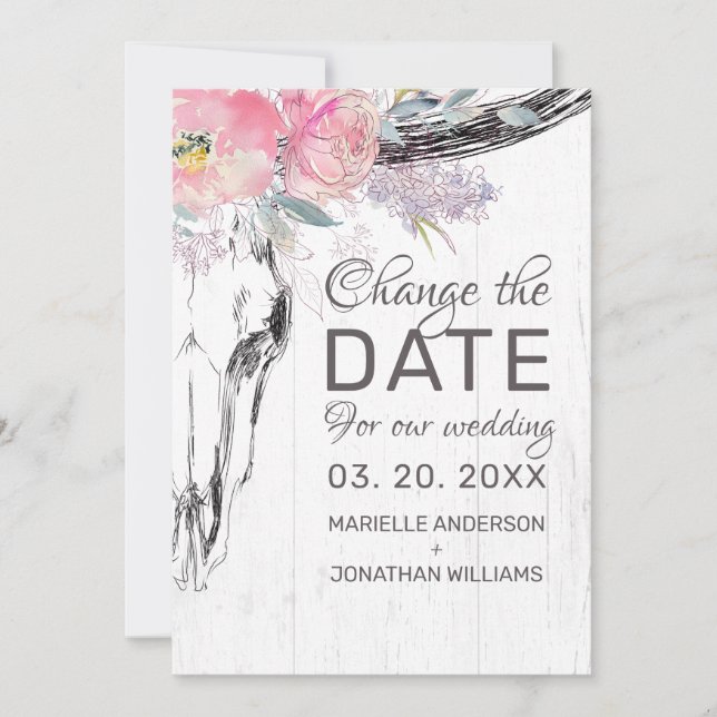 Save The Date Boho crâne de vache rustique Floral Aquarelle rose (Devant)