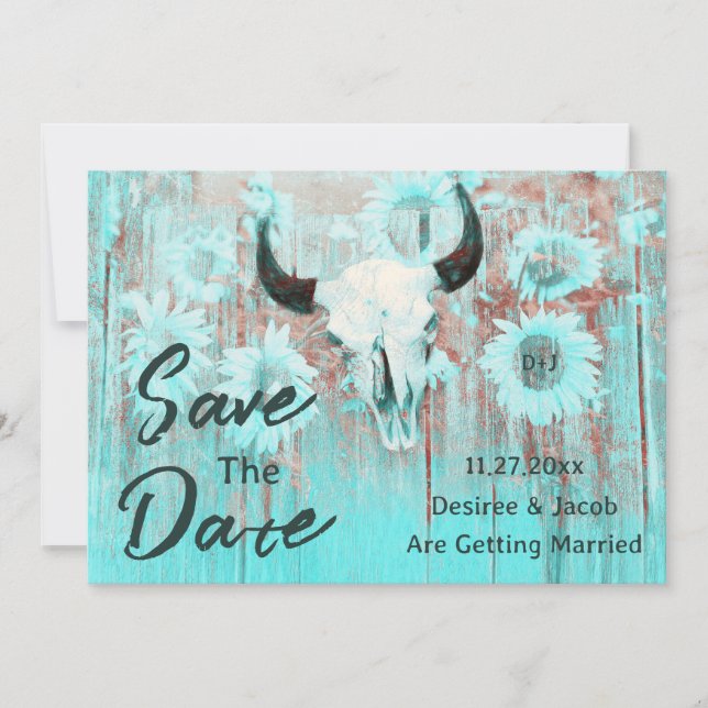 Save The Date Boho crâne de vache rustique Turquoise tournesol o (Devant)