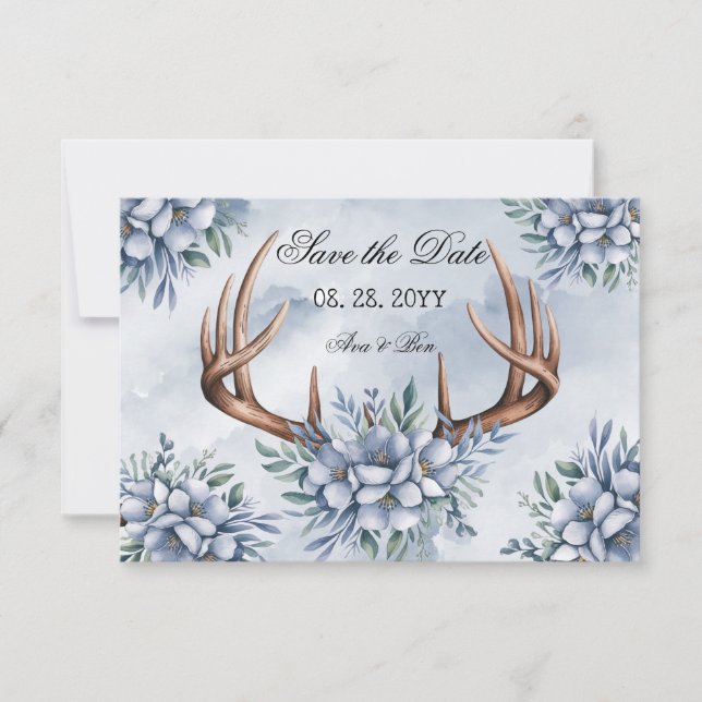 Save The Date Boho Deer Antler Dusty Blue Floral (Devant)