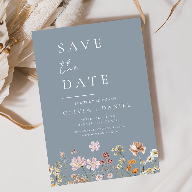 Save The Date Boho Dusty Blue Fleurs sauvages Enregistrer la dat (Créateur téléchargé)