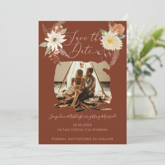 Save The Date BOHO Fall Floral Aquarelle Photo Brûlé Orange (Debout devant)