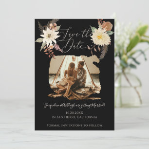 Save The Date BOHO Fall Floral Watercolor Photo Black w Script