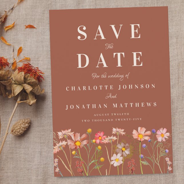 Save The Date Boho Fall Wildflower Meadow Terracotta Wedding (Wildflower meadow boho fall floral terracotta rust photo wedding save the date invitation )