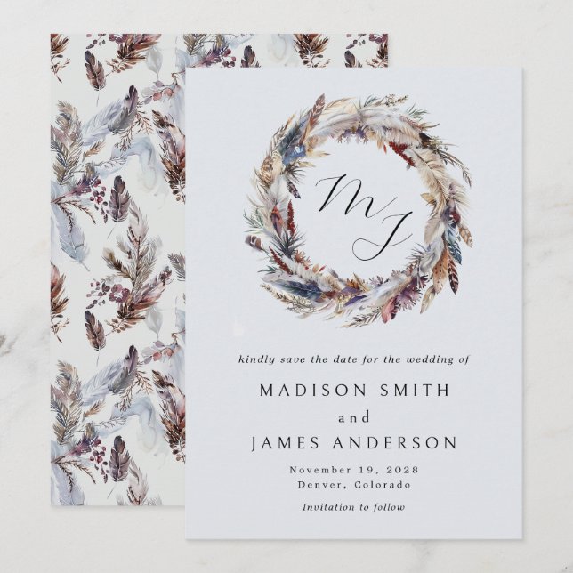 Save The Date Boho Feathers Wreath Monogramme Mariage hivernal (Devant / Derrière)