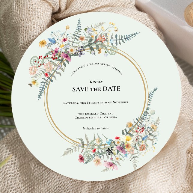 Save The Date Boho Fleur sauvage Fern Mint Mariage vert ronde (Créateur téléchargé)