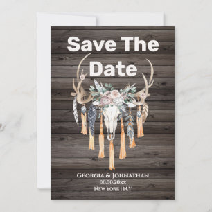 Save The Date Boho floral andouiller crâne de cerf tribal countr