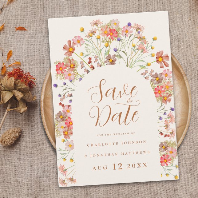 Save The Date Boho Floral Arch Mariage (Elegant modern Boho wildflower floral arch fall wedding save the date script watercolor flowers)