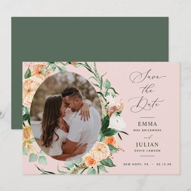 Save The Date Boho Floral Botanique Rose Pâle Neutre Photo (Devant / Derrière)
