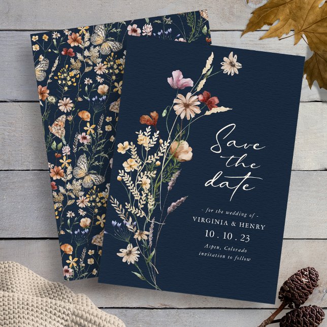 Save The Date Boho Floral Navy Enregistrer La Date (Boho Wildflower Floral Navy Save The Date Butterflies on Back by Painted Paperie
)