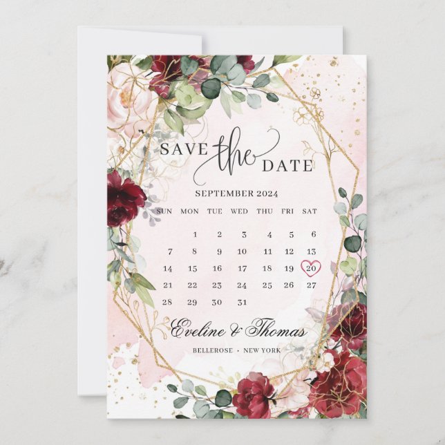 Save The Date Boho géométrique floral bordeaux moderne (Devant)