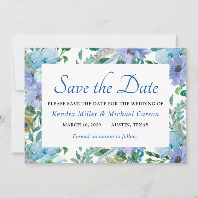 Save The Date Boho Gorgeous Sapphire Bleu Floral Enregistrer La  (Devant)