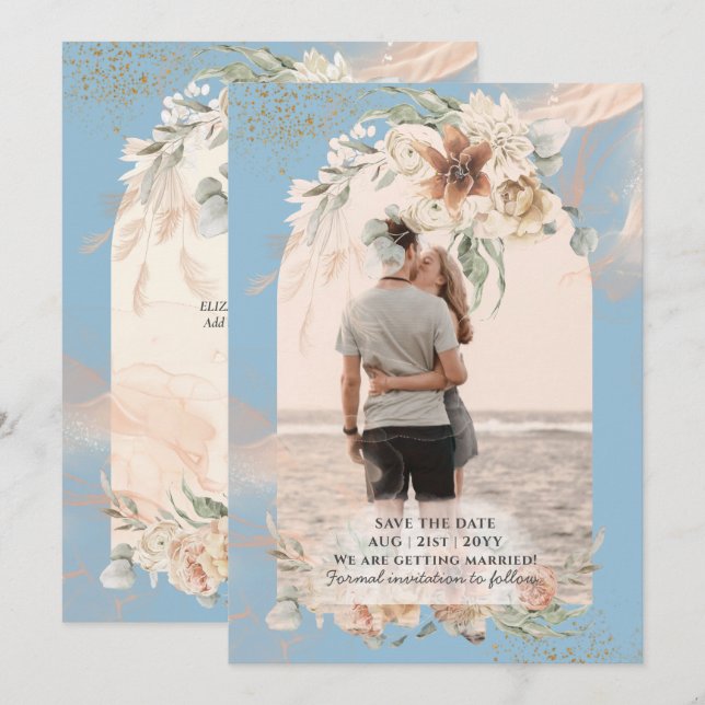 Save The Date BOHO Mariage Herbe de Pampas Bleu Poussiéreux (Devant / Derrière)