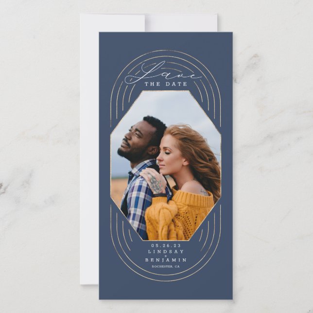 Save The Date Boho Marine moderne Bleu et or Enregistrer la phot (Devant)