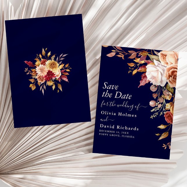 Save The Date Boho Navy Blue Burnt Orange Floral Mariage (Boho Navy Blue Burnt Orange Floral Wedding Save The Date on a sunny neutral dry palm leaf.)
