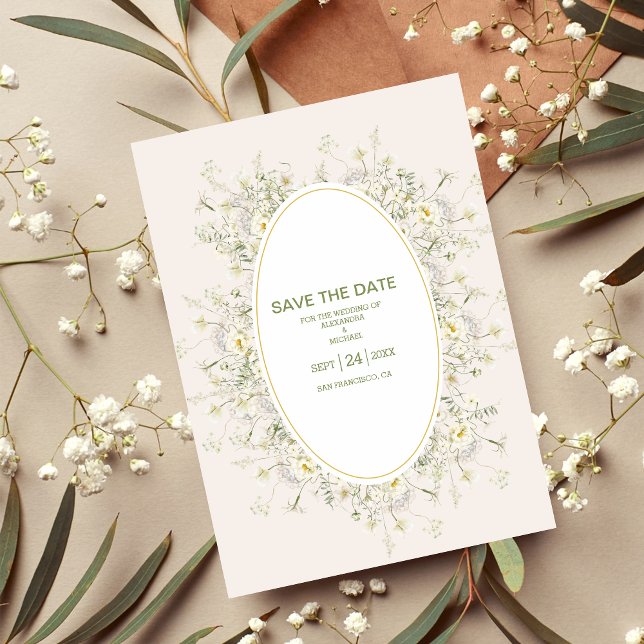 Save The Date Boho Neutral Blanc Aquarelle Fleur sauvage Mariage (Créateur téléchargé)