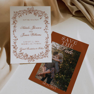 Save The Date Boho Orange Brûlé Floral Botanique Photo Mariage