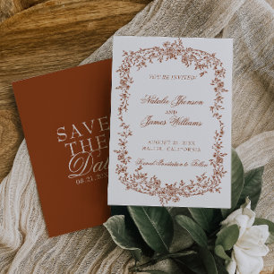 Save The Date Boho Orange Brûlé Rouille Floral Botanique Mariage