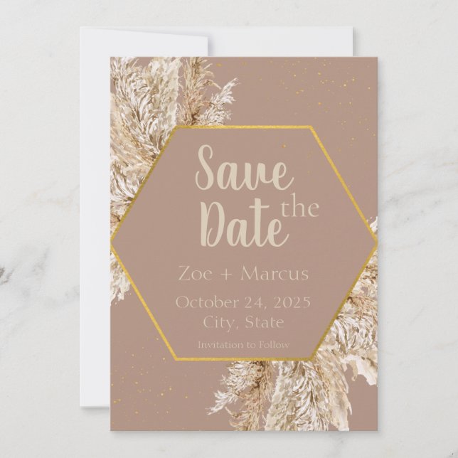 Save The Date Boho Pampas Grass Enregistrez la Date — Beige/Rose (Devant)