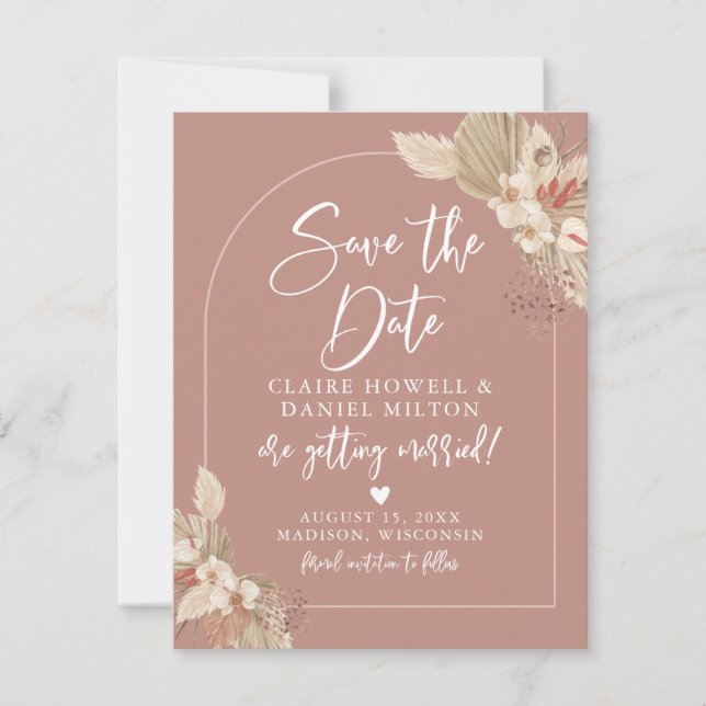 Save The Date Boho Pampas Grass Pink Terracotta Enregistrer La D (Devant)