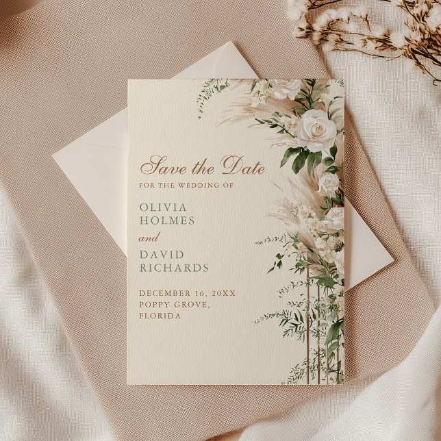 Save The Date Boho Pampas Grass & Rose blanche Mariage (Boho Pampas Grass & White Rose Wedding Save The Date with an envelope on an elegant table)