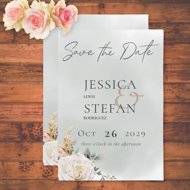 Save The Date Boho Pampas & Roses Rose Mariage vert (Boho Pampas & Pink Roses Green Wedding Save The Date Card)