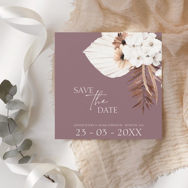 Save The Date Boho Plum violet blanc Pampas Grass Mariage (Créateur téléchargé)