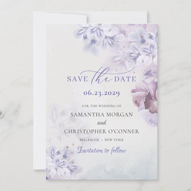 Save The Date Boho printemps mauve violette et bleu poussiéreux (Devant)