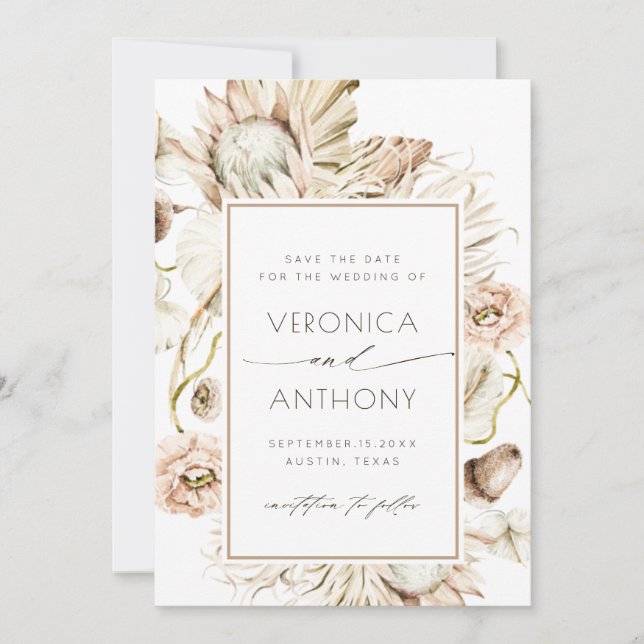 Save The Date Boho Protea Pampas Aquarelle en laiton Mariage Pho (Devant)
