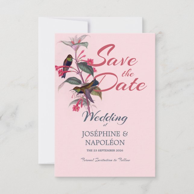 Save The Date Boho rose clair art déco floral & oiseaux (Devant)