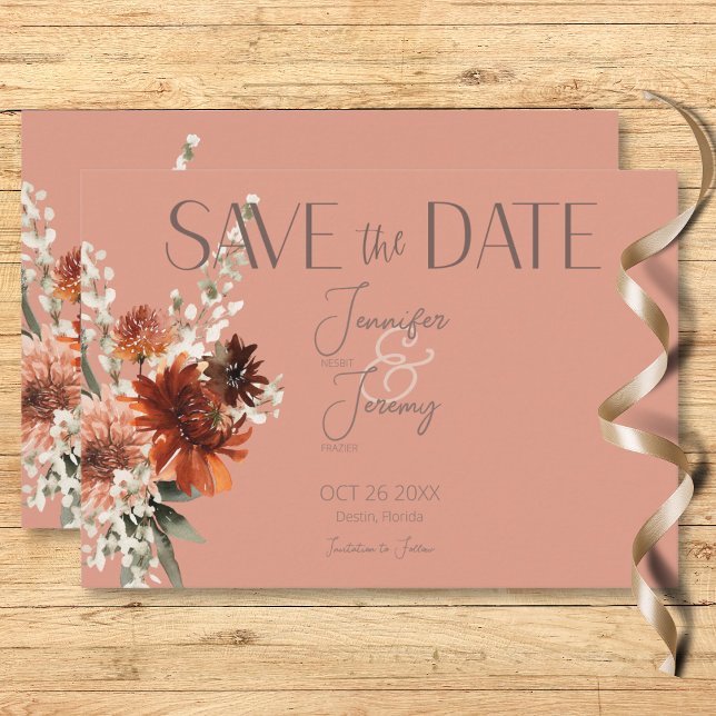 Save The Date Boho Rust & Chute Neutre Floral Peach Rust Mariage (Boho Rust & Neutral Peach Rust Fall Floral Wedding Save the Date Card)