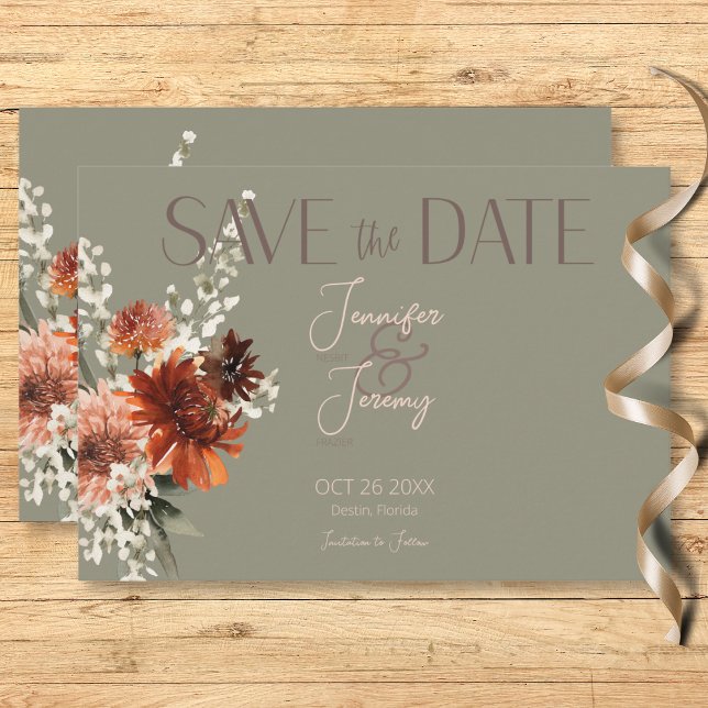 Save The Date Boho Rust & Chute Neutre Floral Sage Mariage vert (Boho Rust & Neutral Fall Floral Sage Green Wedding Save The Date Card)