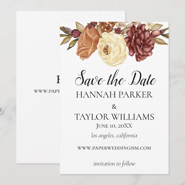 Save The Date Boho Rustique Automne Aquarelle Florale (Devant / Derrière)