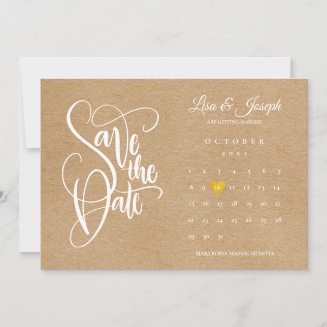 Save The Date Boho Rustique Calendrier Gold Love Heart (Devant)