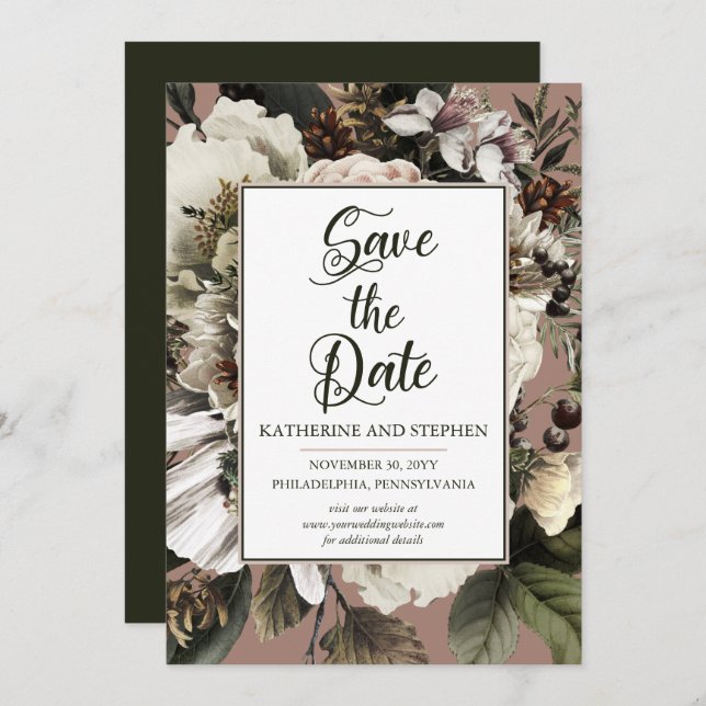 Save The Date Boho Rustique Dusty Rose Floral Bouquet (Devant / Derrière)