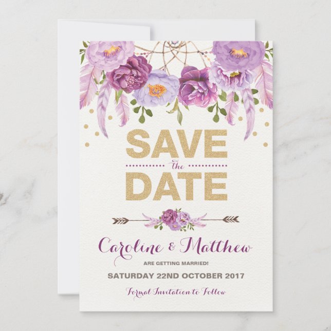 Save The Date Boho rustique violet or floral Enregistrer la cart (Devant)
