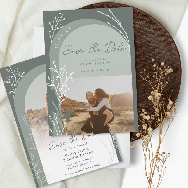 Save The Date Boho sauge vert photo noms script arche mariage (Créateur téléchargé)