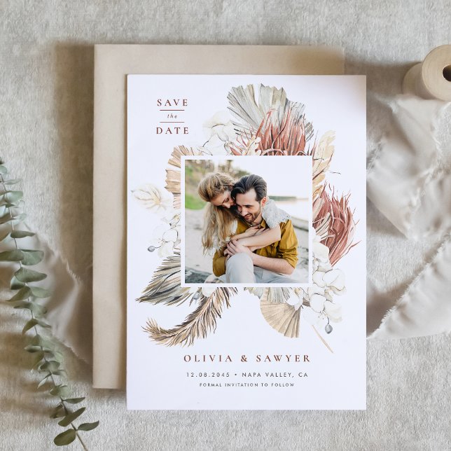 Save The Date Boho séché Palm et blanc Orchidée QR Code photo (QR code save the date featuring a watercolor pampas grass, dried palm, orchids, and anthurium.)