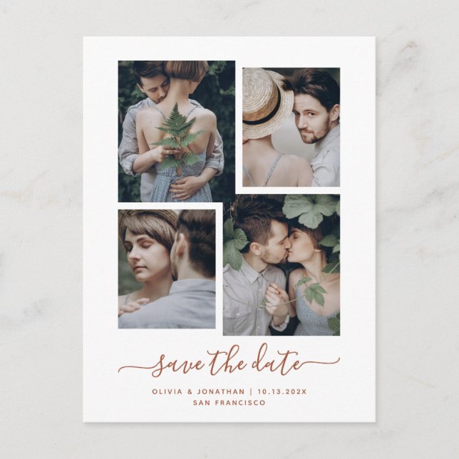 Save The Date | Boho Terracotta Four Foto Collage Postkarte (Vorderseite)