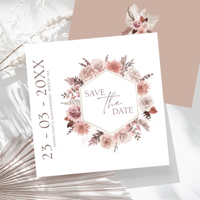 Save The Date Boho Terracotta Neutral Floral Mariage (Boho Dusty Pink Dried Flowers Wreath Wedding Save The Date)