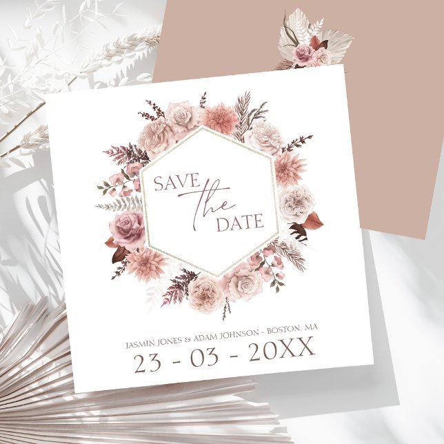 Save The Date Boho Terracotta Neutral Floral Mariage (Boho Dusty Pink Dried Flowers Wreath Wedding Save The Date)