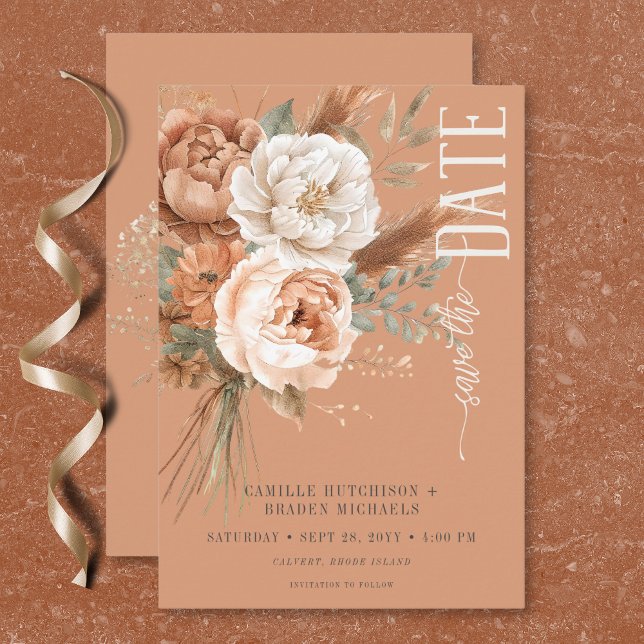 Save The Date Boho Terracotta Pêche & Crème Mariage Floral (Boho Terracotta Peach & Cream Floral Wedding Save The Date)
