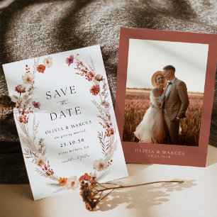 Save The Date Boho Terracotta Taupe Fleur sauvage Élégant mariag