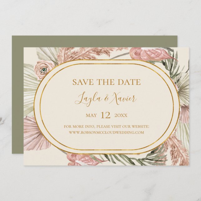 Save The Date Boho Tropical Botanical | Vert olive horizontal (Devant / Derrière)