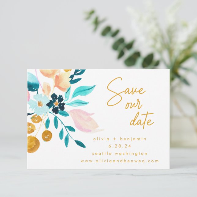 Save The Date Boho Turquoise bleu floral main peint romantique (Debout devant)